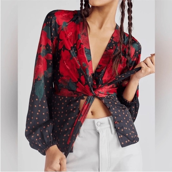 Free People Run Free Floral Blouse Top Red Black Polka Dot Tie Front Large - Picture 3 of 16